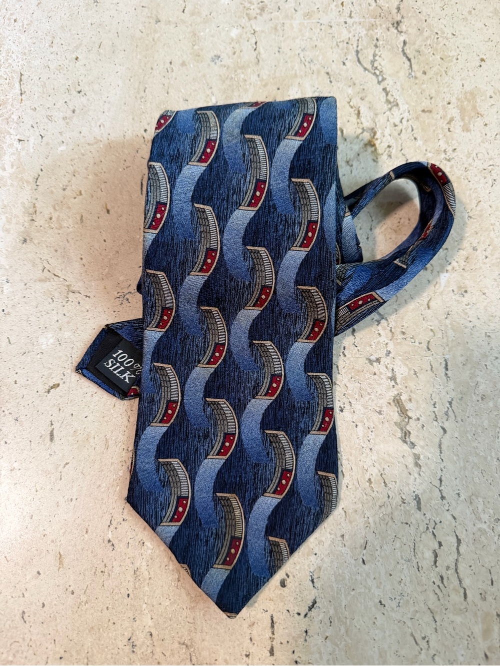 Vintage Meeting Street 100% Silk Tie Blue Burgundy Abstract Geometric Necktie